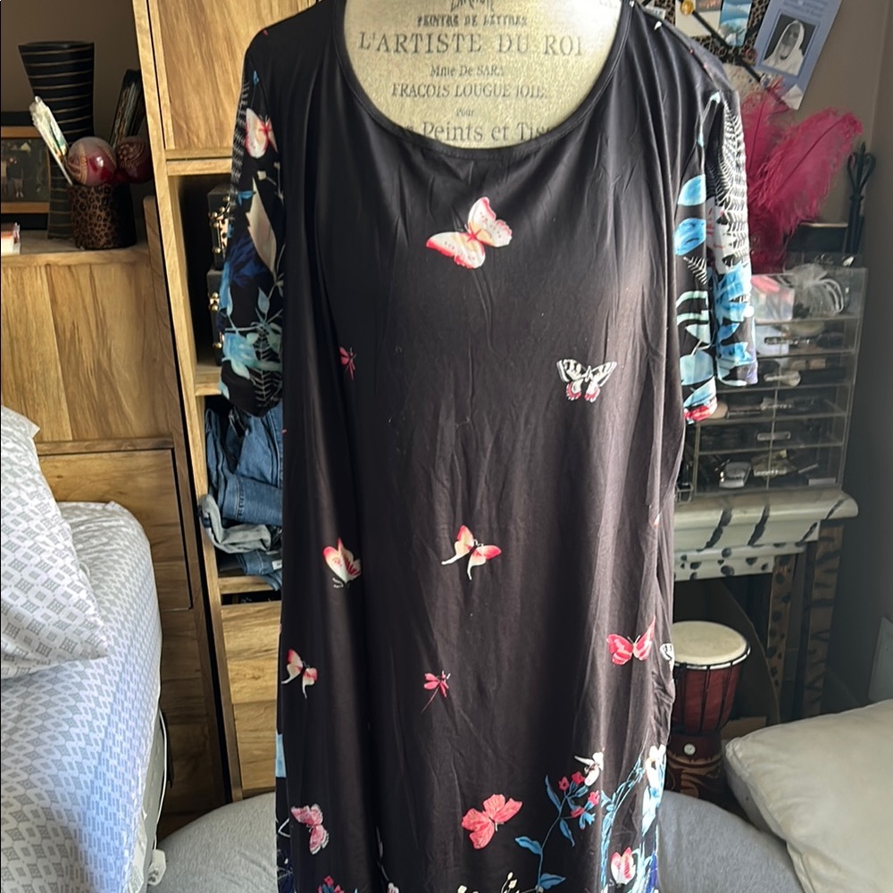 Black Dress with Butterfly Print - XXXL